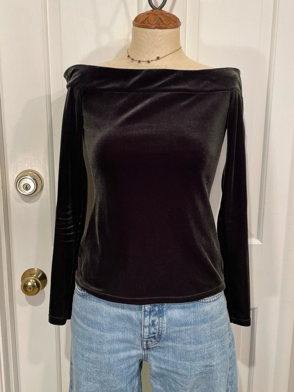 BAILEY Velvet Off-Shoulder Long Sleeve Top in Dark Green
